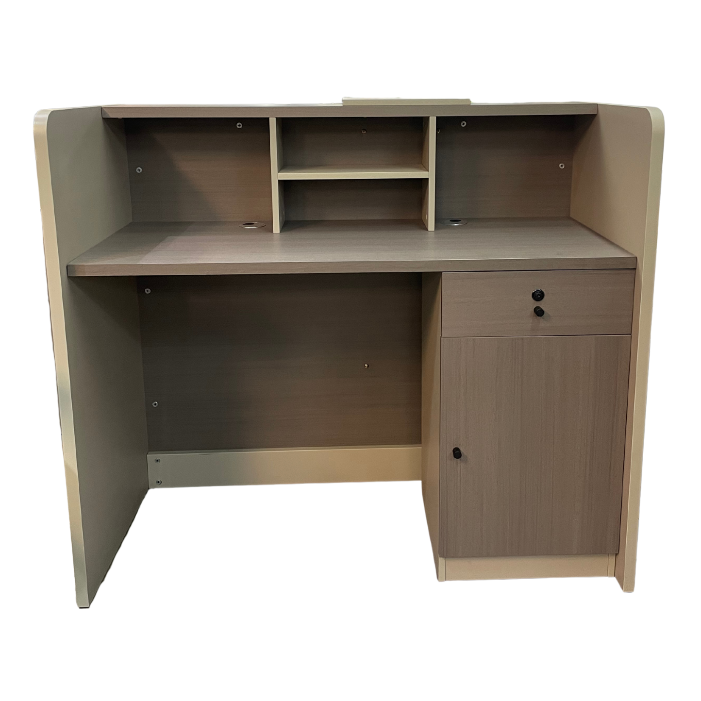 Wooden desk with a shelf and cabinet on a white background