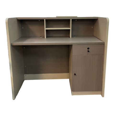 Wooden desk with a shelf and cabinet on a white background