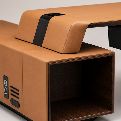 H05 Luxury Executive Office Desk – Nubuck Leather, Veneer Wood & Titanium Steel | 250 x 219 cm