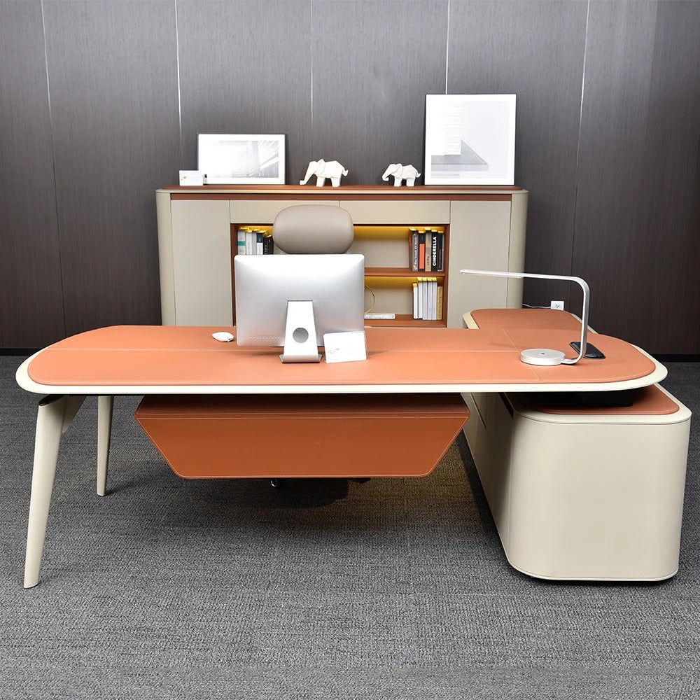 H-07 Luxury Executive Office Desk – 240 x 210 cm – Nubuck Leather Finish