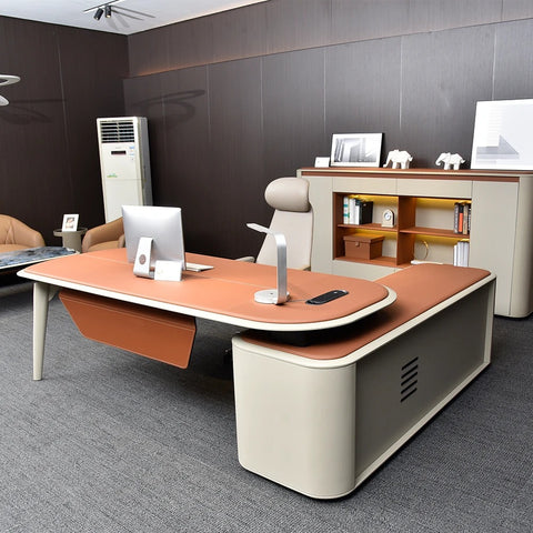 H-07 Luxury Executive Office Desk – 240 x 210 cm – Nubuck Leather Finish