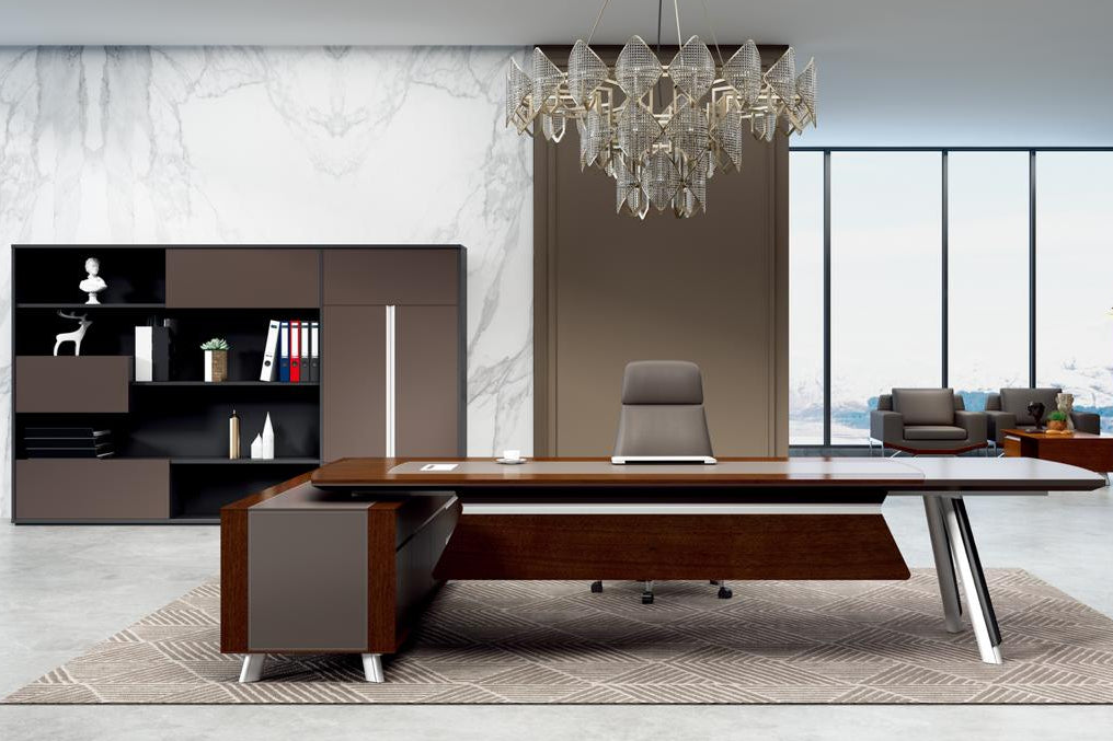 405-T01 Executive Leather Office Desk with Side Cabinet – 330 × 240 cm